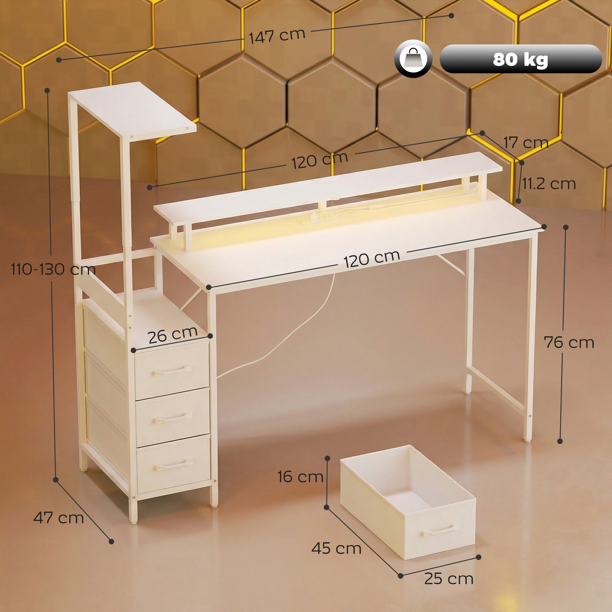 White homcom gaming desk with charging station monitor stand rgb lights and tall storage unit with four drawers