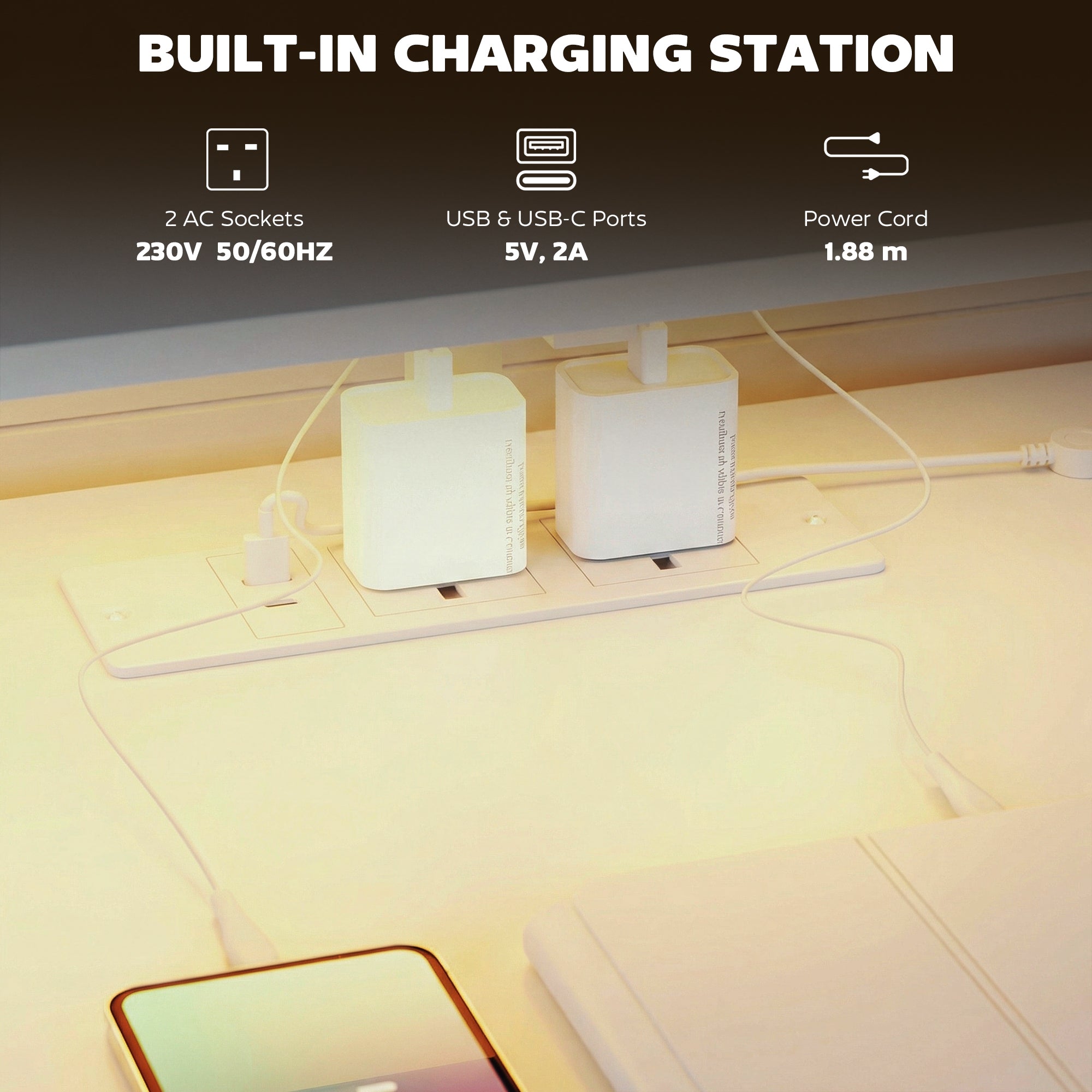 White rectangular built-in charging station with ac sockets usb and usb-c ports on homcom gaming desk monitor stand