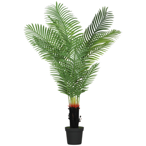 Green artificial areca palm tree with segmented trunk and black plastic pot perfect for home or office decor