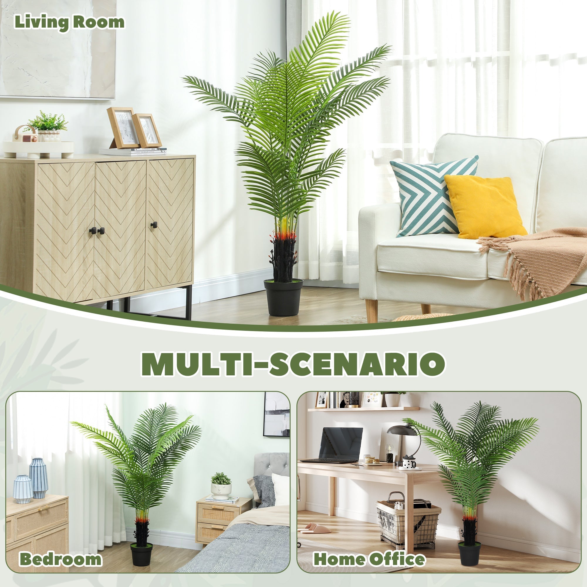 Tall artificial areca palm tree with 12 vibrant green pe leaves in black pot for home office decor