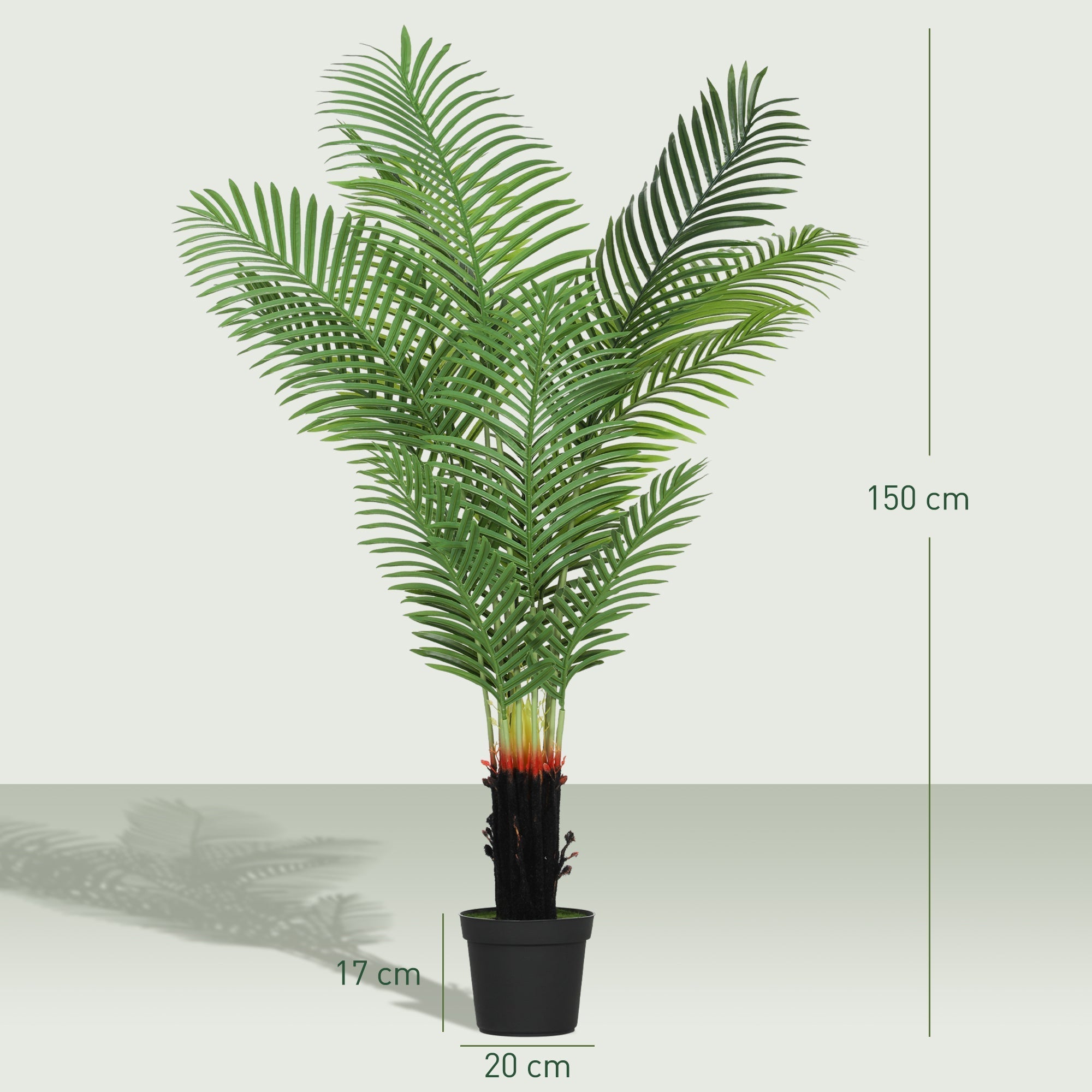 150 cm artificial areca palm with 12 lush green PE leaves in black pot and red-orange gradient trunk base for decor