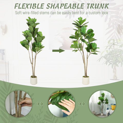 Homcom 150cm artificial ficus tree with textured trunk and flexible wire stems in a white pot with green leaves
