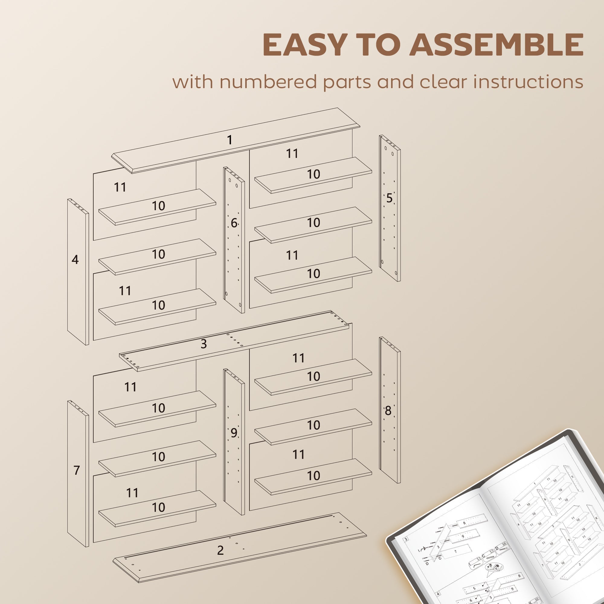 Homcom 16-compartment media shelf in rustic brown with particle board and adjustable shelves shown with numbered parts and assembly instructions