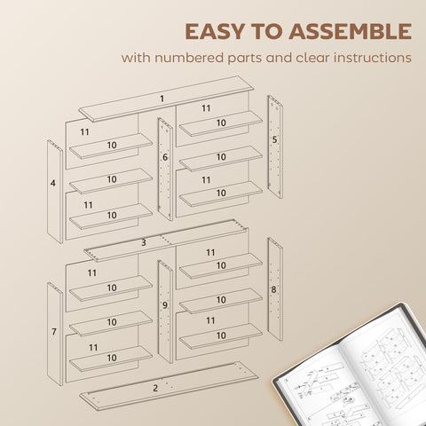 Homcom 16-compartment media shelf in rustic brown with particle board and adjustable shelves shown with numbered parts and assembly instructions