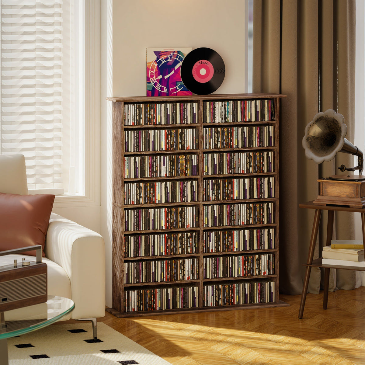Rustic brown homcom dvd rack with 16 compartments made of particle board holding colorful discs vinyl and album cover