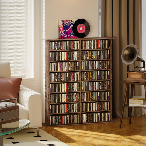 Rustic brown homcom dvd rack with 16 compartments made of particle board holding colorful discs vinyl and album cover