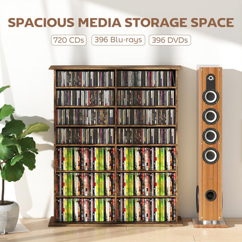 Homcom dvd wooden media storage rack with adjustable shelves in rustic brown particle board for cds blu-rays dvds