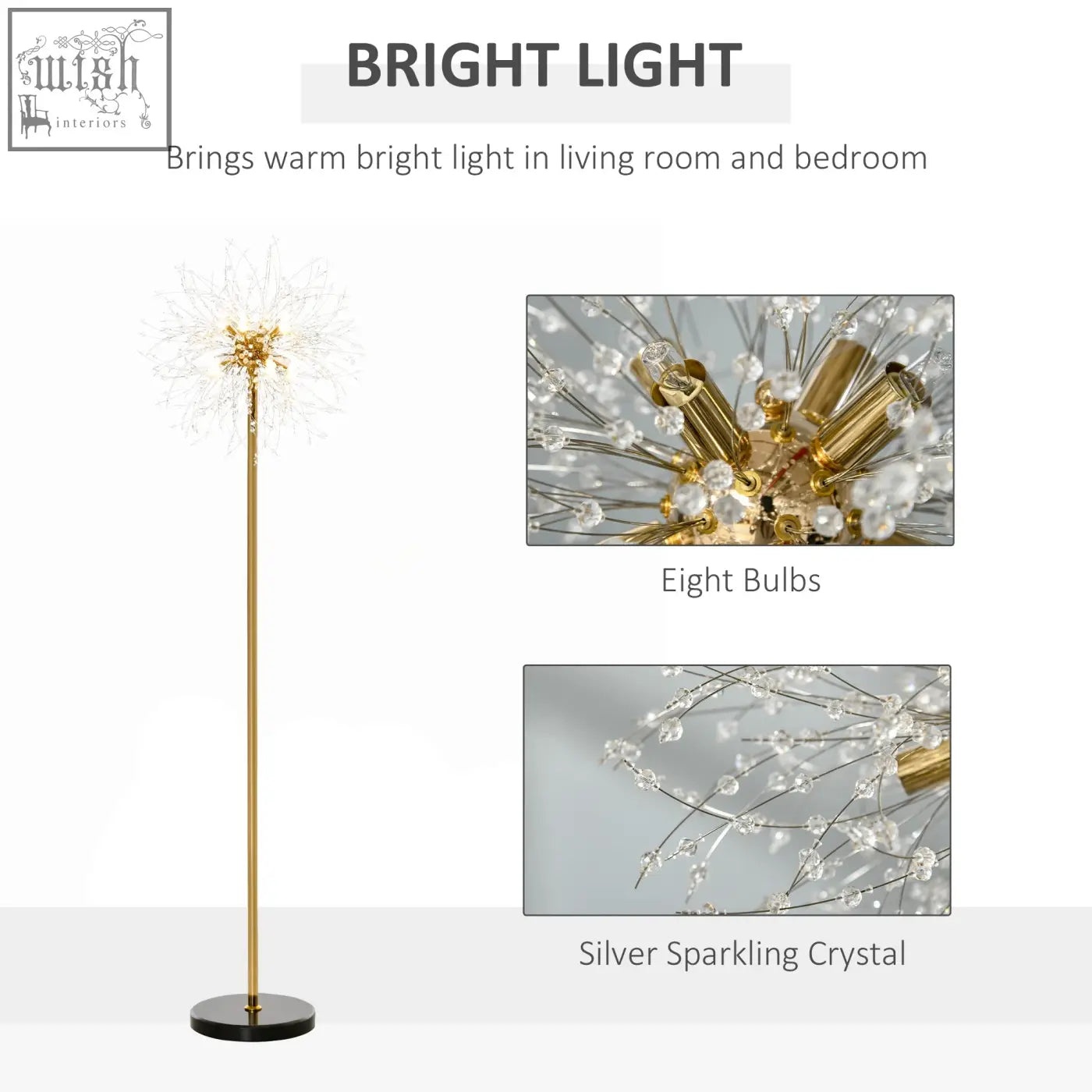 Homcom gold dandelion floor lamp with eight bulbs silver crystal accents marble base and foot switch