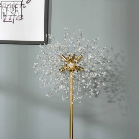 Gold-toned dandelion floor lamp with clear crystal beads marble base and foot switch by homcom