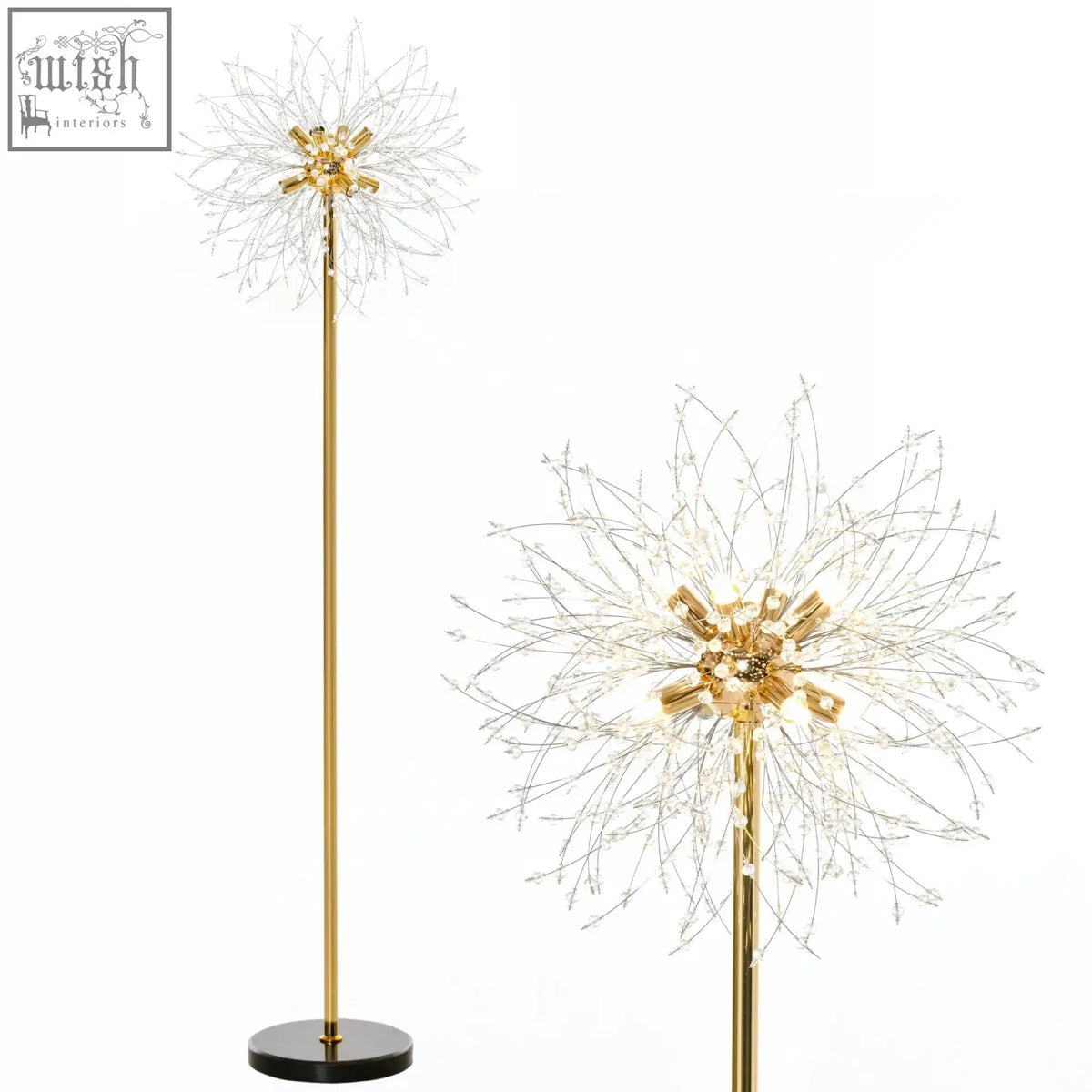 Homcom floor lamp with gold-toned dandelion design, marble base, sparkling crystals, and foot switch for easy use