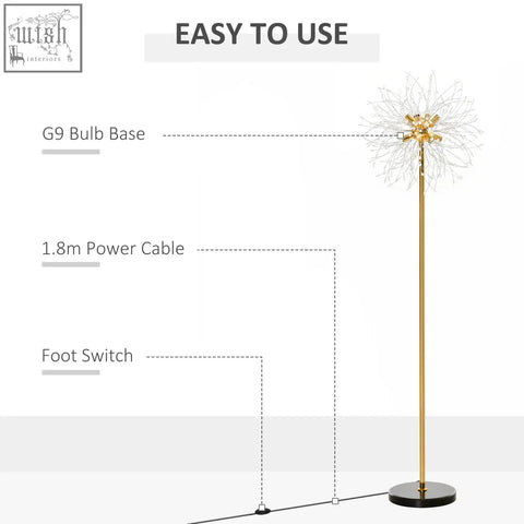 Gold-colored homcom dandelion floor lamp with black marble base, intricate wirework, and convenient foot switch