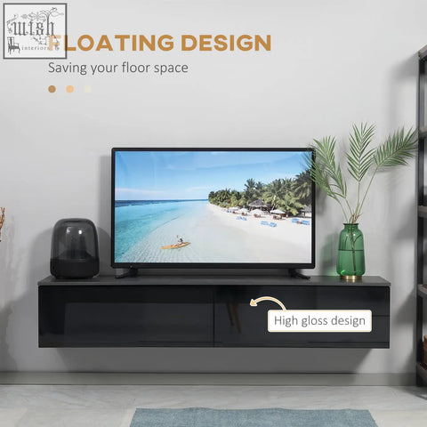 Black high gloss floating tv stand made of particle board structure with storage cupboards for wall mounting