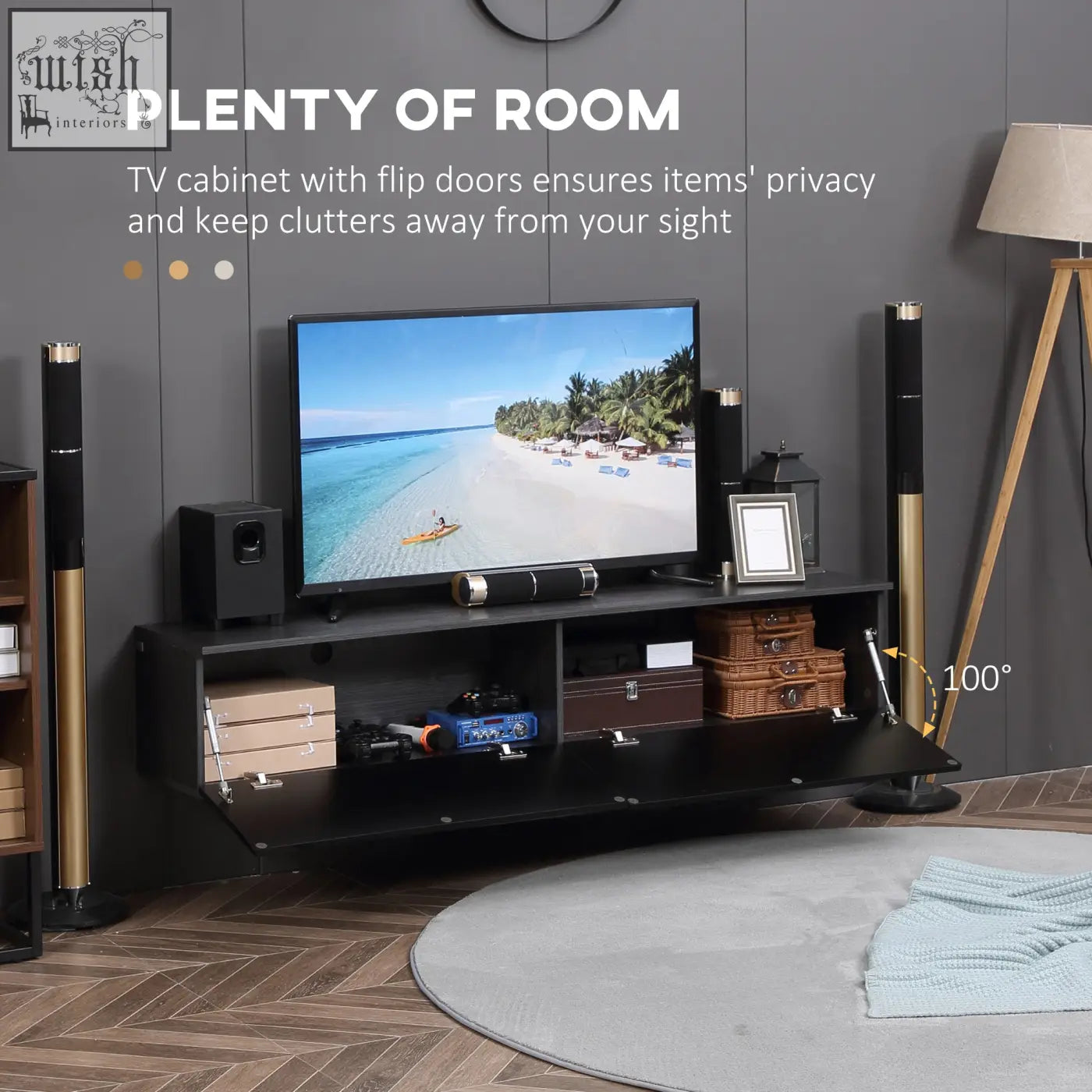 Black high gloss tv cabinet with flip doors and gold accents made from particle board structure for wall mounting