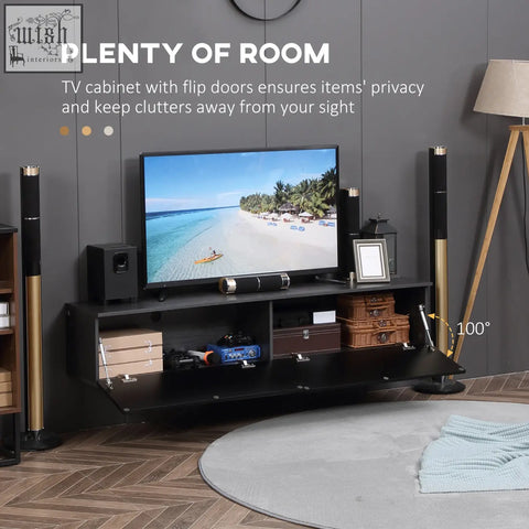 Black high gloss tv cabinet with flip doors and gold accents made from particle board structure for wall mounting
