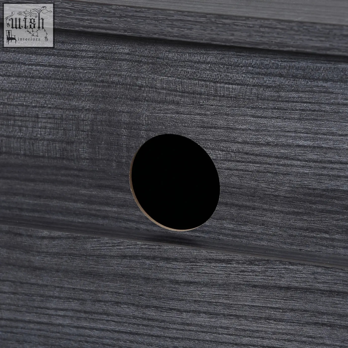 Dark gray wood-grain drawer front with circular black hole on homcom high gloss particle board tv unit stand