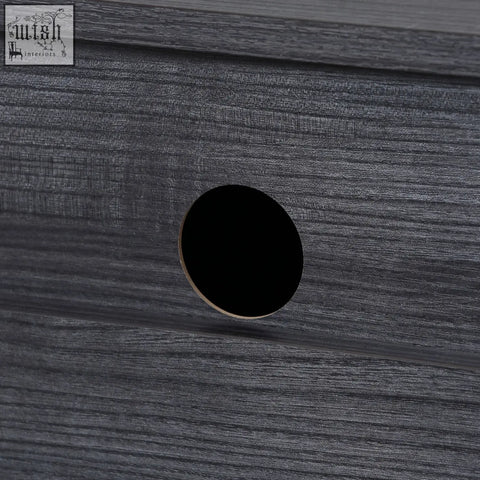 Dark gray wood-grain drawer front with circular black hole on homcom high gloss particle board tv unit stand