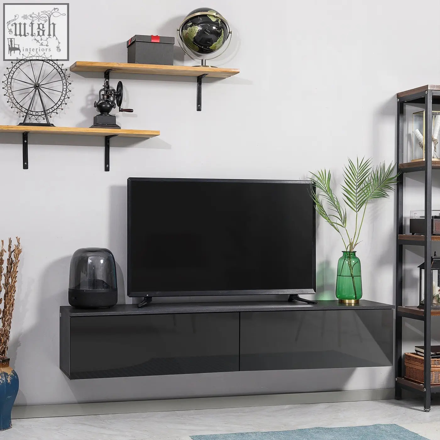 Black glossy high gloss floating tv console with two drawers made of particle board structure for wall mounting