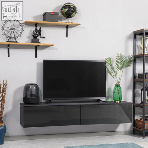 Black glossy high gloss floating tv console with two drawers made of particle board structure for wall mounting