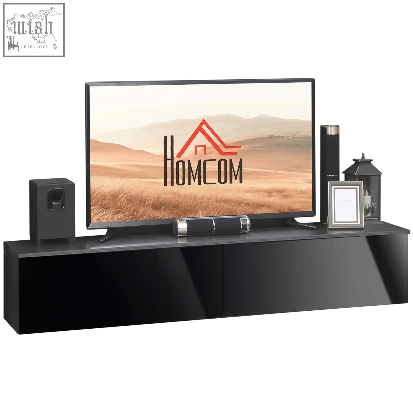Black high gloss particle board tv stand with cabinets holding tv speakers and decor for wall mount use