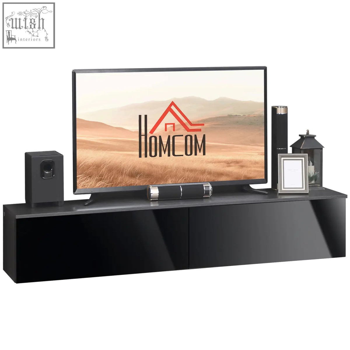 Black high gloss particle board tv stand with cabinets holding tv speakers and decor for wall mount use