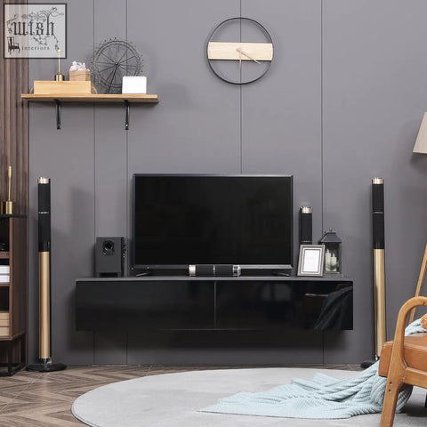 Black glossy high gloss particle board tv stand with sleek modern design and minimalist handles for wall mounted use