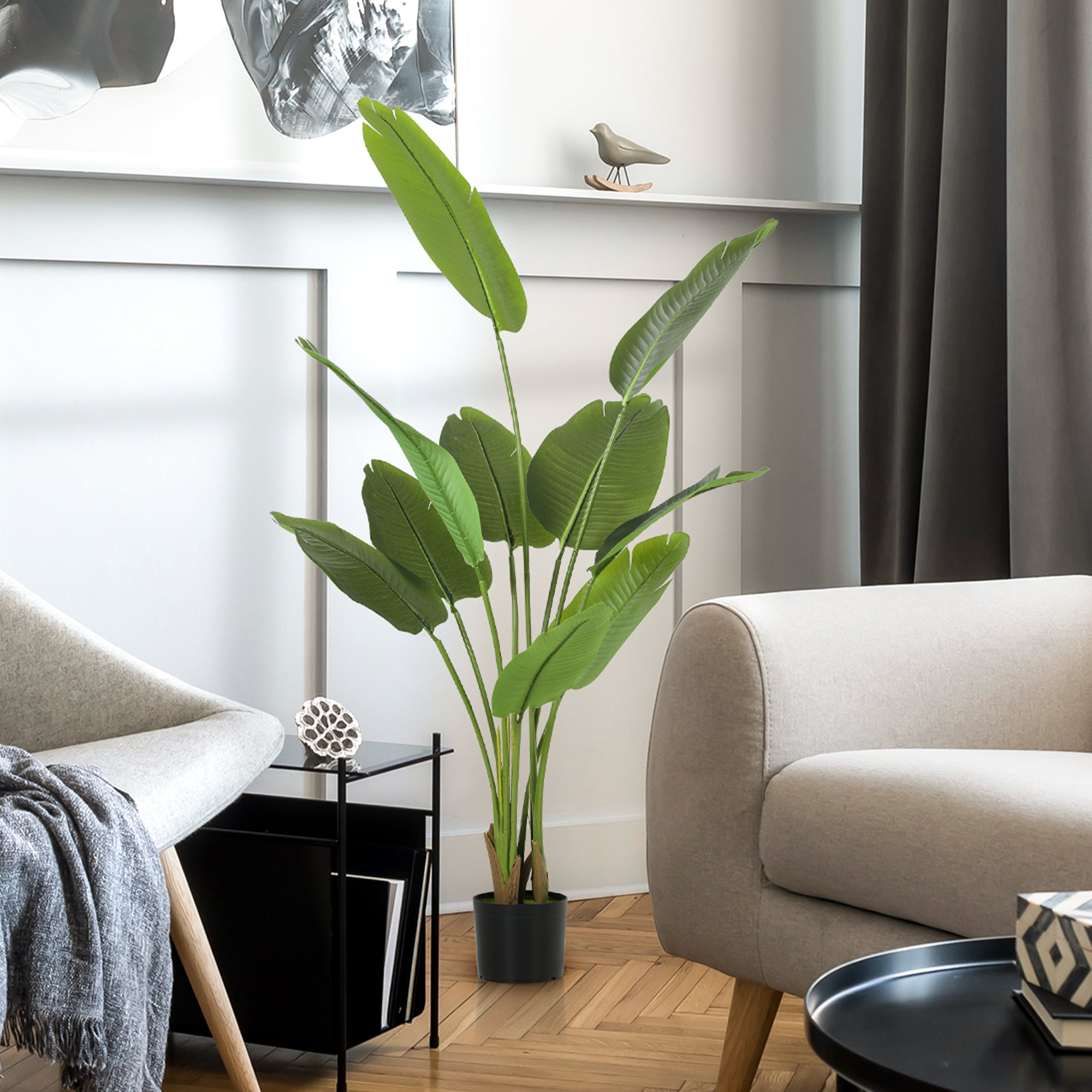 Tall green homcom artificial bird with peva leaves and flocked soil in black pot for home office decor