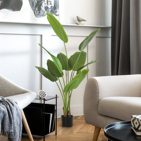 Tall green homcom artificial bird with peva leaves and flocked soil in black pot for home office decor