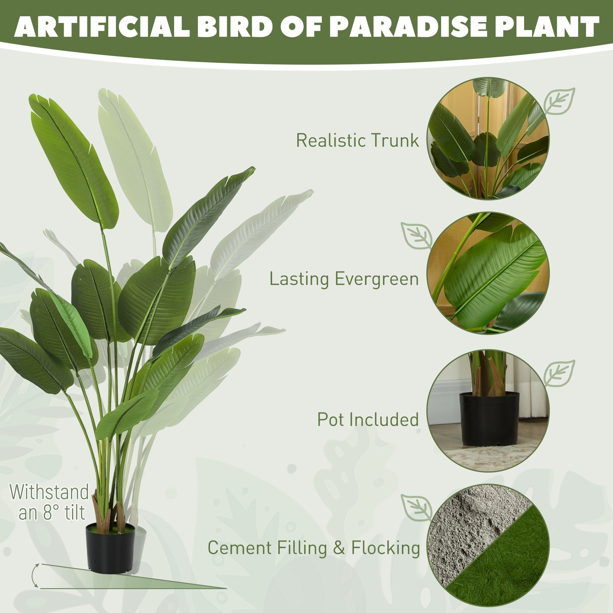 Artificial bird of paradise plant with lush green peva leaves and flocked soil in a black pot for home decor