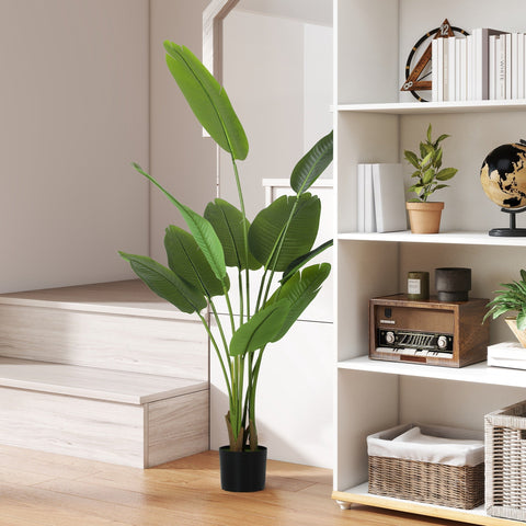Tall green artificial bird of paradise plant with peva leaves and flocked soil in black pot for home decor
