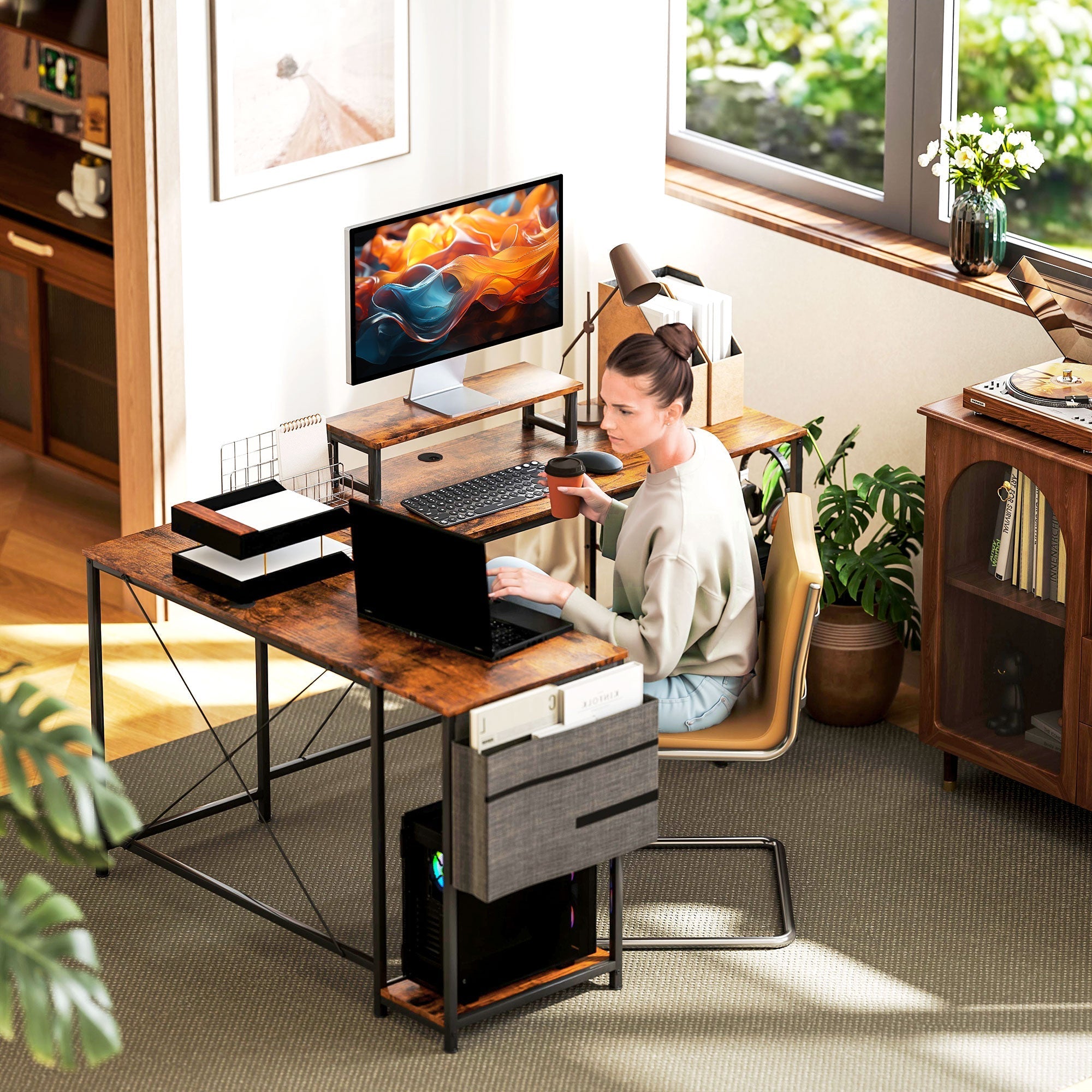 HOMCOM 168cm Reversible L Shaped Desk, Industrial Corner Computer Desk with Adjustable Shelf and Storage Bag, 240cm 2 Person Desk with Monitor Stand, Rustic Brown