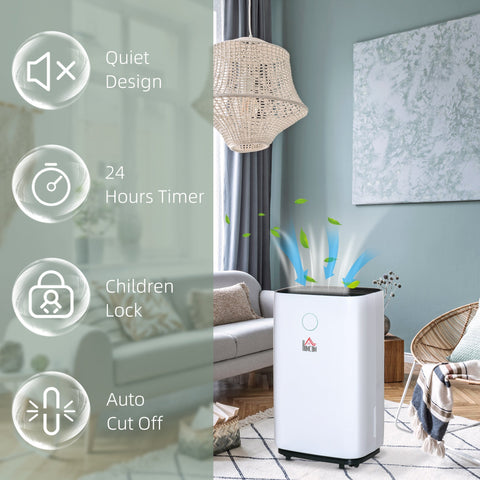 White rectangular homcom portable dehumidifier with black accents sleep mode and 38db operation for home use
