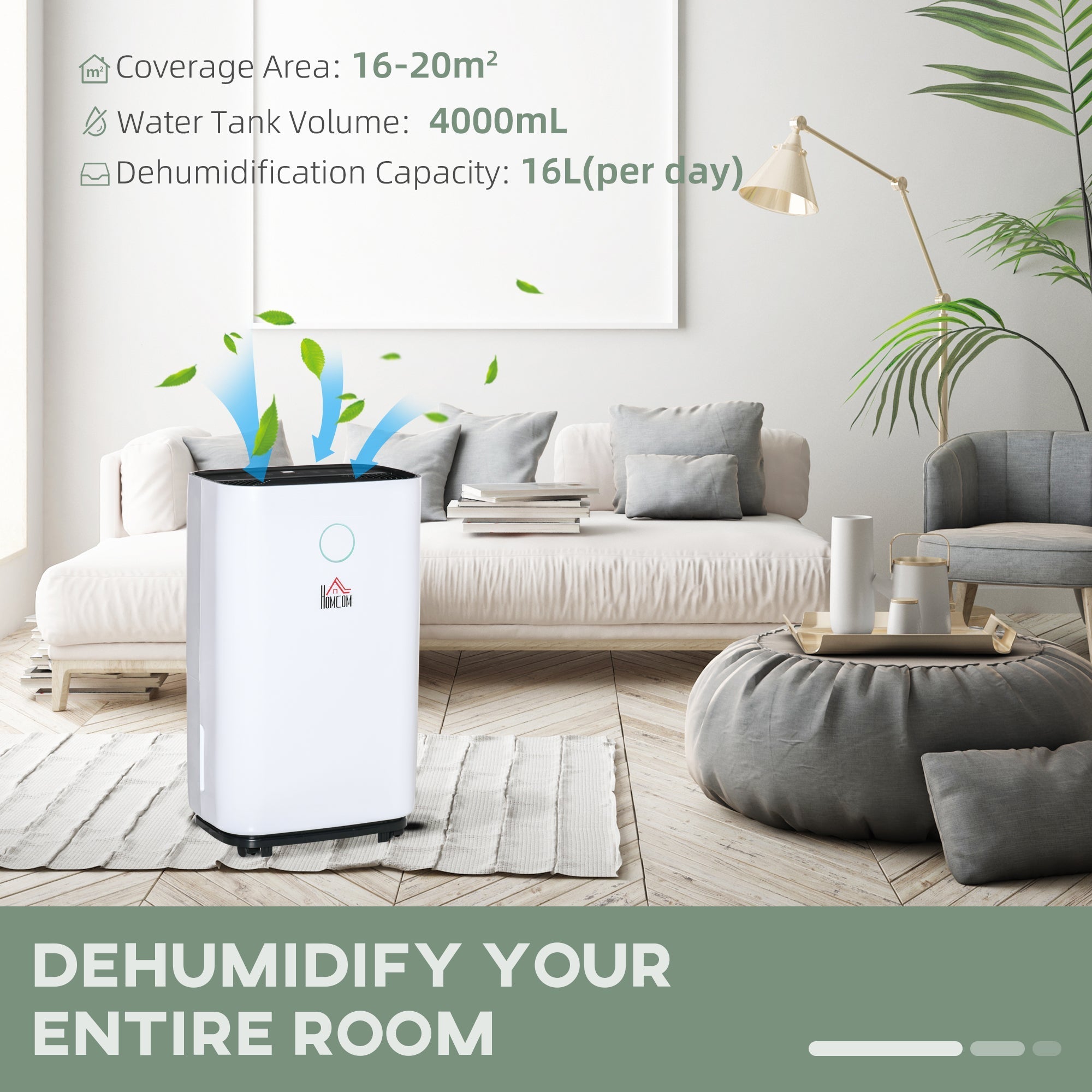 White rectangular honcen dehumidifier with black base and led screen for 12-16m² rooms quiet 38db operation
