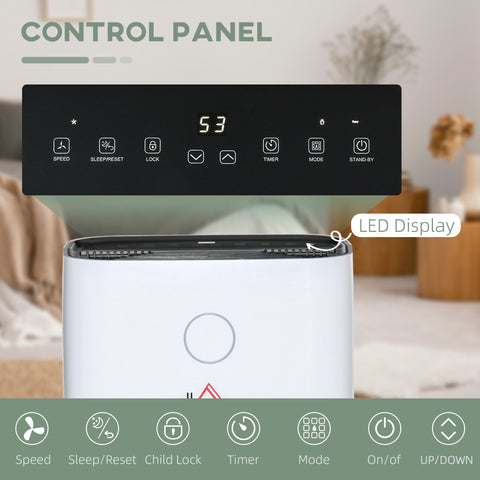 White homcom portable dehumidifier with black led screen showing 53, sleep mode, high speed, and 38db operation