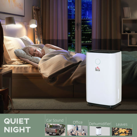 White rectangular homcom dehumidifier with black base and circular control button featuring high speed and sleep mode