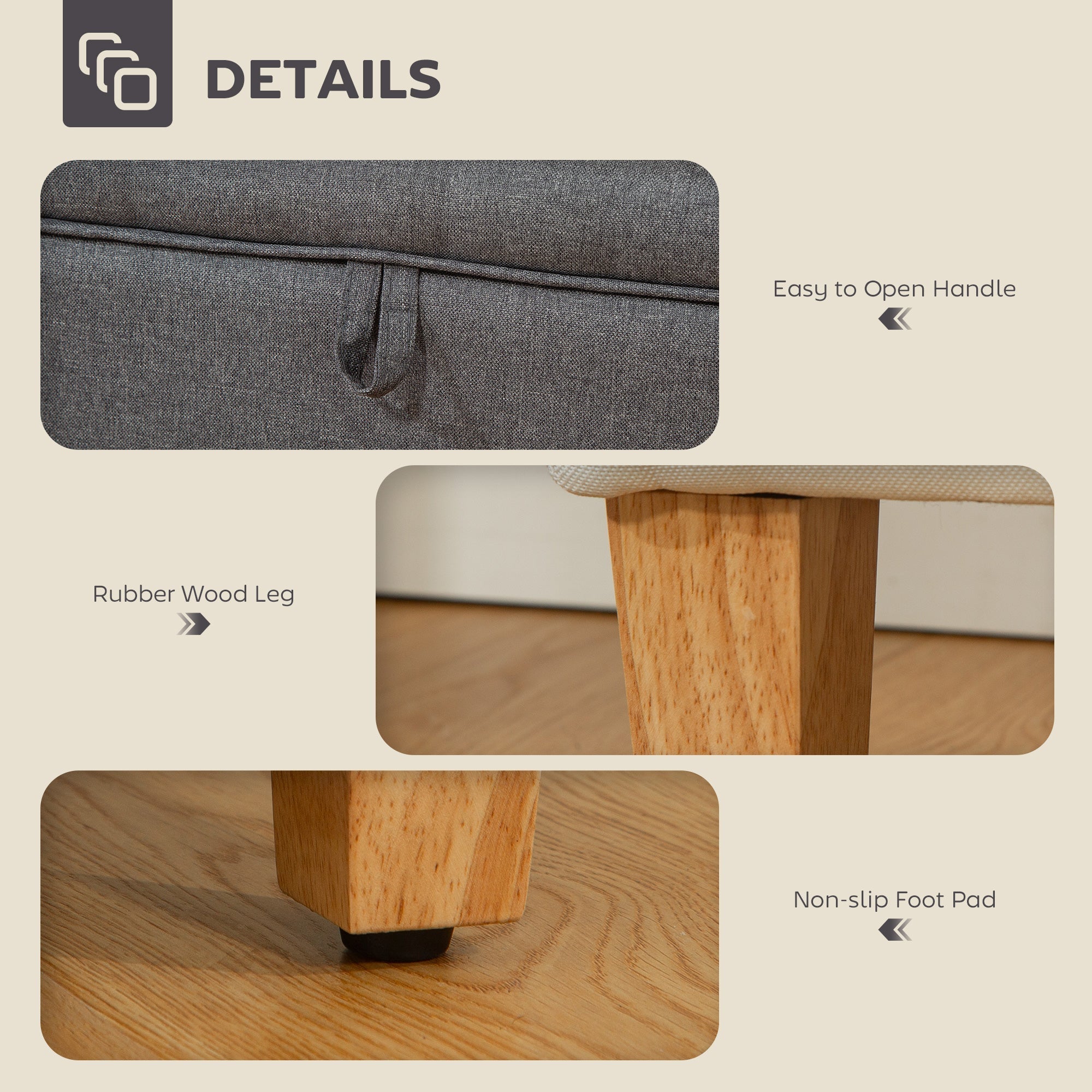 Charcoal grey linen storage ottoman with padded seat and rubberwood legs perfect for bed end seating and storage