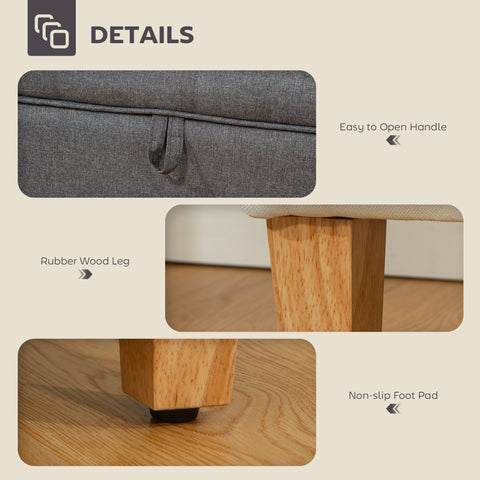 Charcoal grey linen storage ottoman with padded seat and rubberwood legs perfect for bed end seating and storage