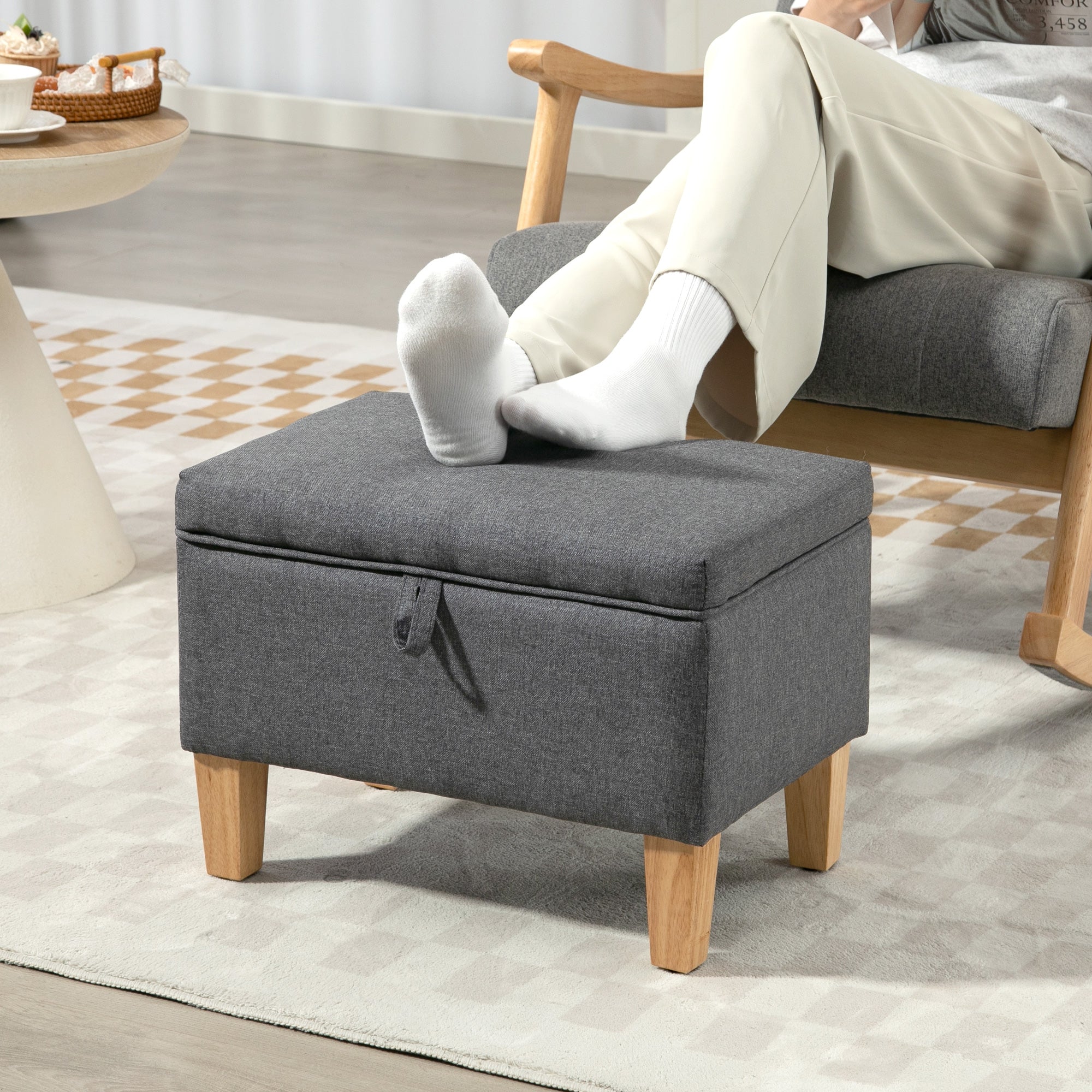 Charcoal grey linen storage ottoman with padded seat and rubberwood legs perfect for bed end seating and storage