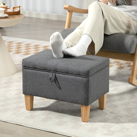 Charcoal grey linen storage ottoman with padded seat and rubberwood legs perfect for bed end seating and storage