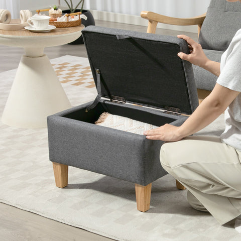 Charcoal grey linen storage ottoman with padded top and rubberwood legs perfect for bed end seating and storage