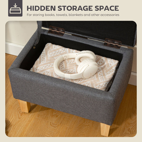 Charcoal grey linen storage ottoman with rubberwood legs and hidden interior storage for bed end seating and accessories