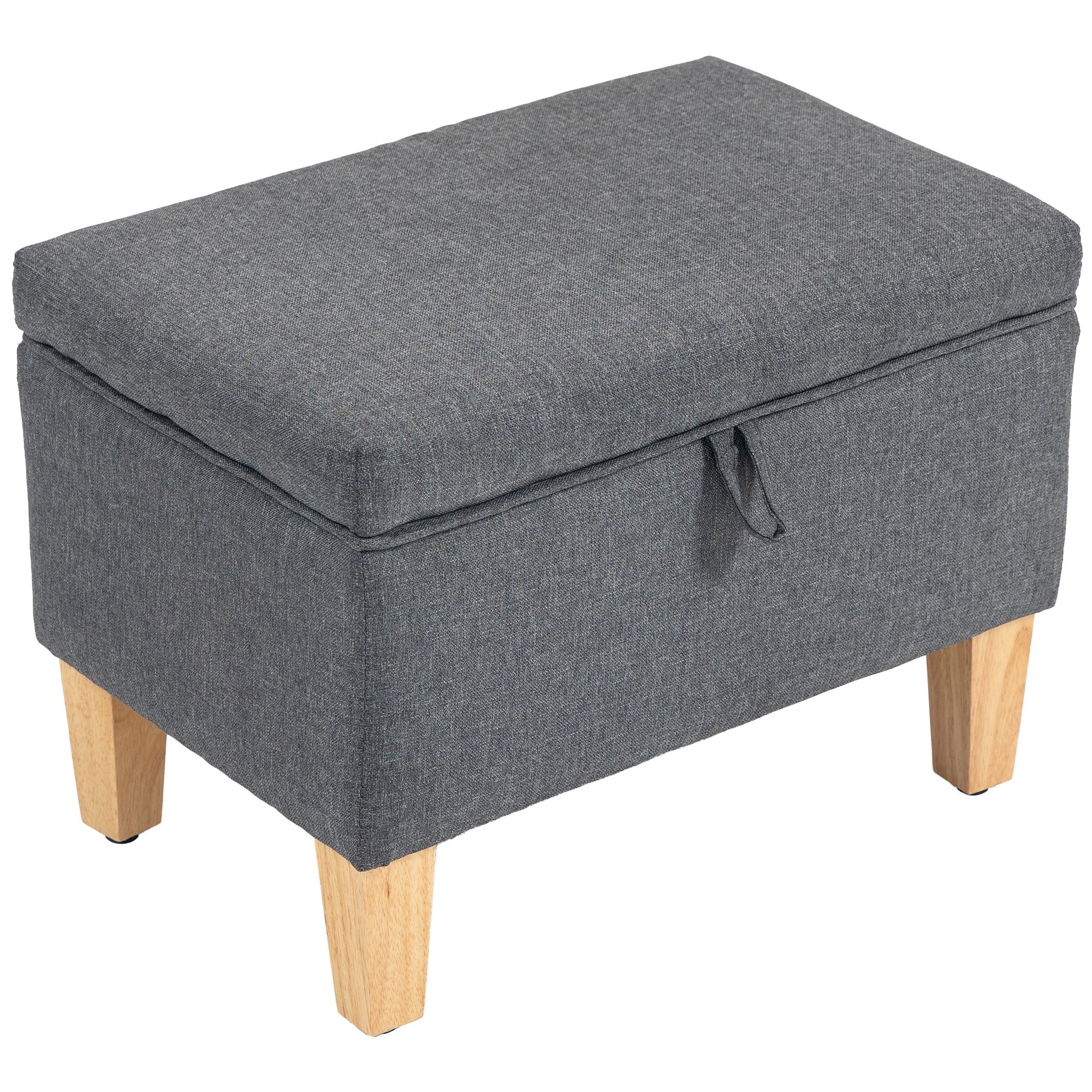 Charcoal grey linen storage ottoman with padded seat and rubberwood legs perfect for bed end seating and storage