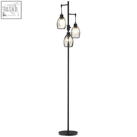 Black metal industrial floor lamp with three dimmable ribbed glass shades maximum 40w for living room or study