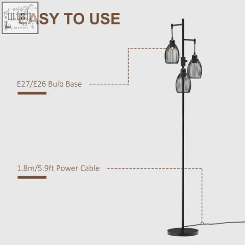 Black industrial floor lamp with three dimmable steel cage shades maximum 40w for living room and bedroom