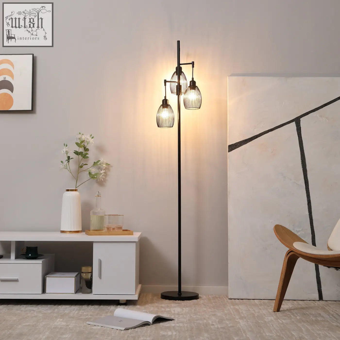 Black metal industrial floor lamp with three cage-style glass shades dimmable and max 40w for living room use