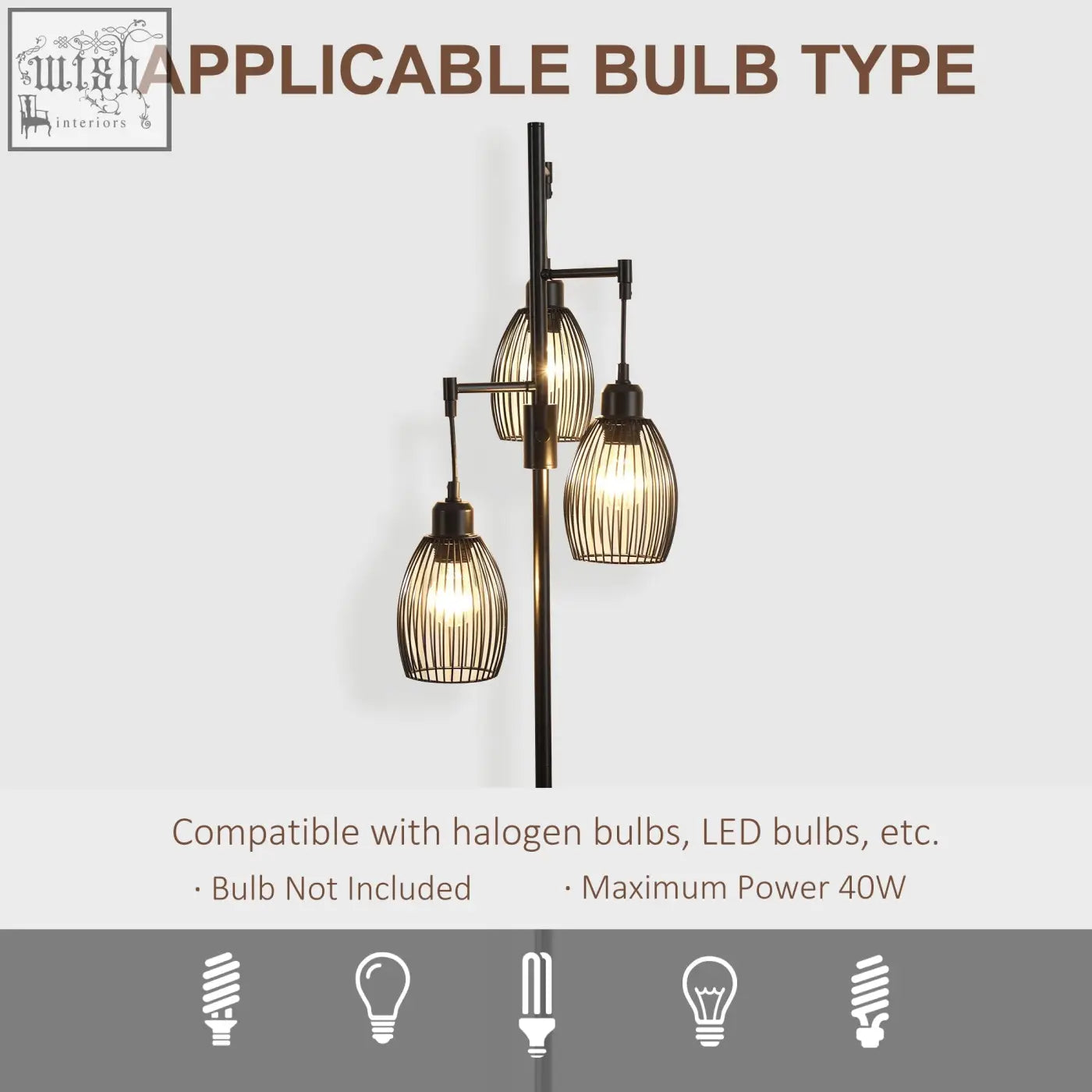 Black metal industrial floor lamp with three hanging wire cage steel shades dimmable max 40w for living room