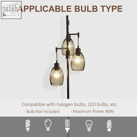 Black metal industrial floor lamp with three hanging wire cage steel shades dimmable max 40w for living room