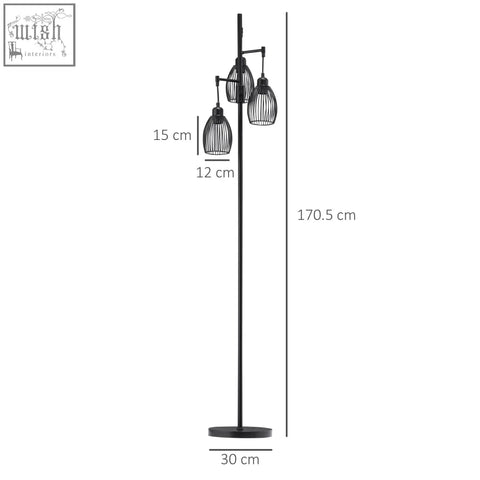 Black metal industrial floor lamp with three dimmable birdcage steel shades max 40w for living room or bedroom