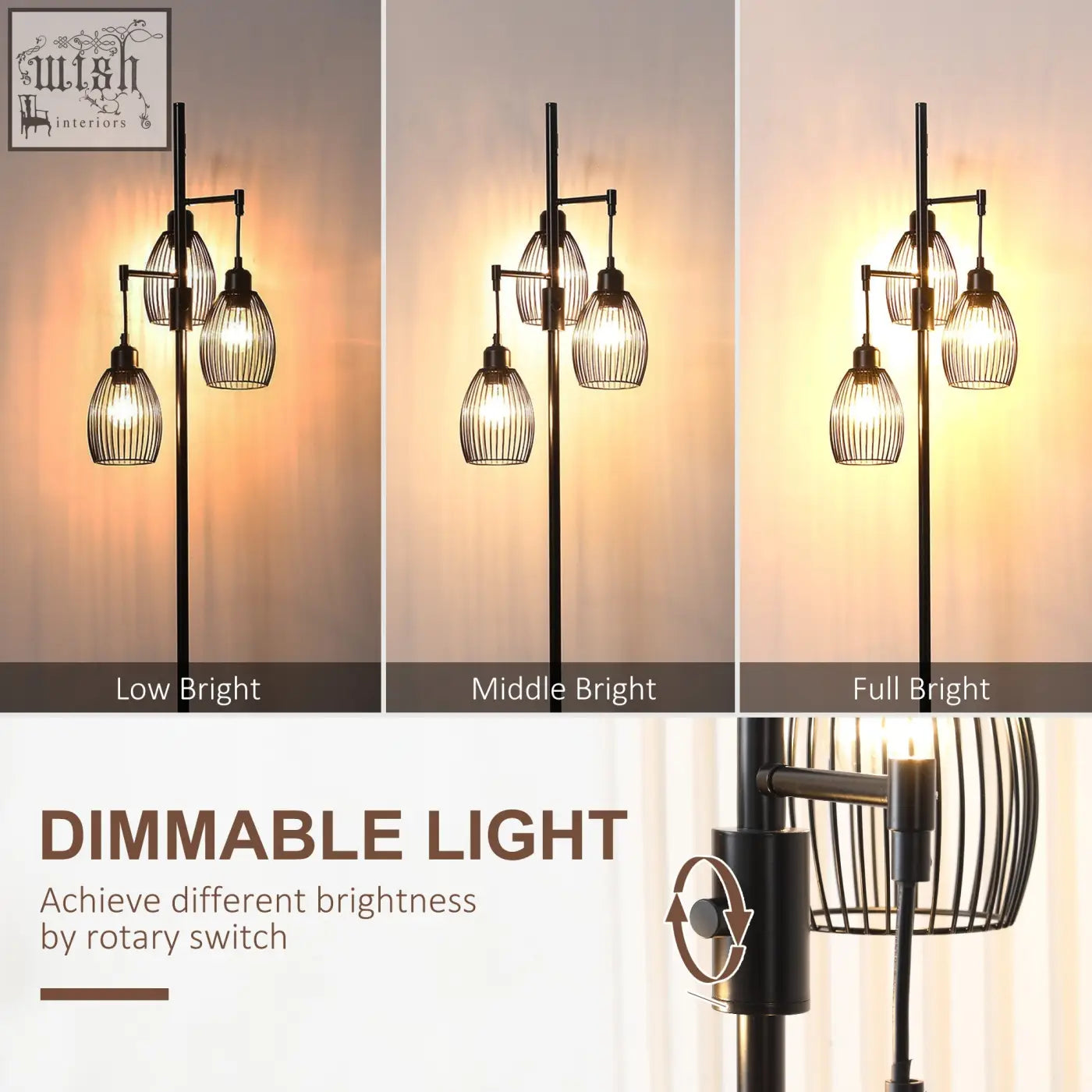 Black industrial floor lamp with three steel wire cage shades and dimmable lighting max 40w for living room