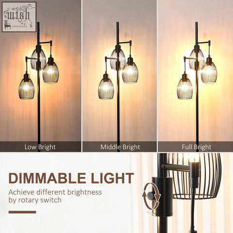 Black industrial floor lamp with three steel wire cage shades and dimmable lighting max 40w for living room