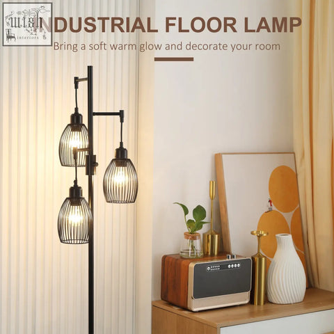 Black industrial floor lamp with three steel wire cage shades dimmable up to maximum 40w for living spaces